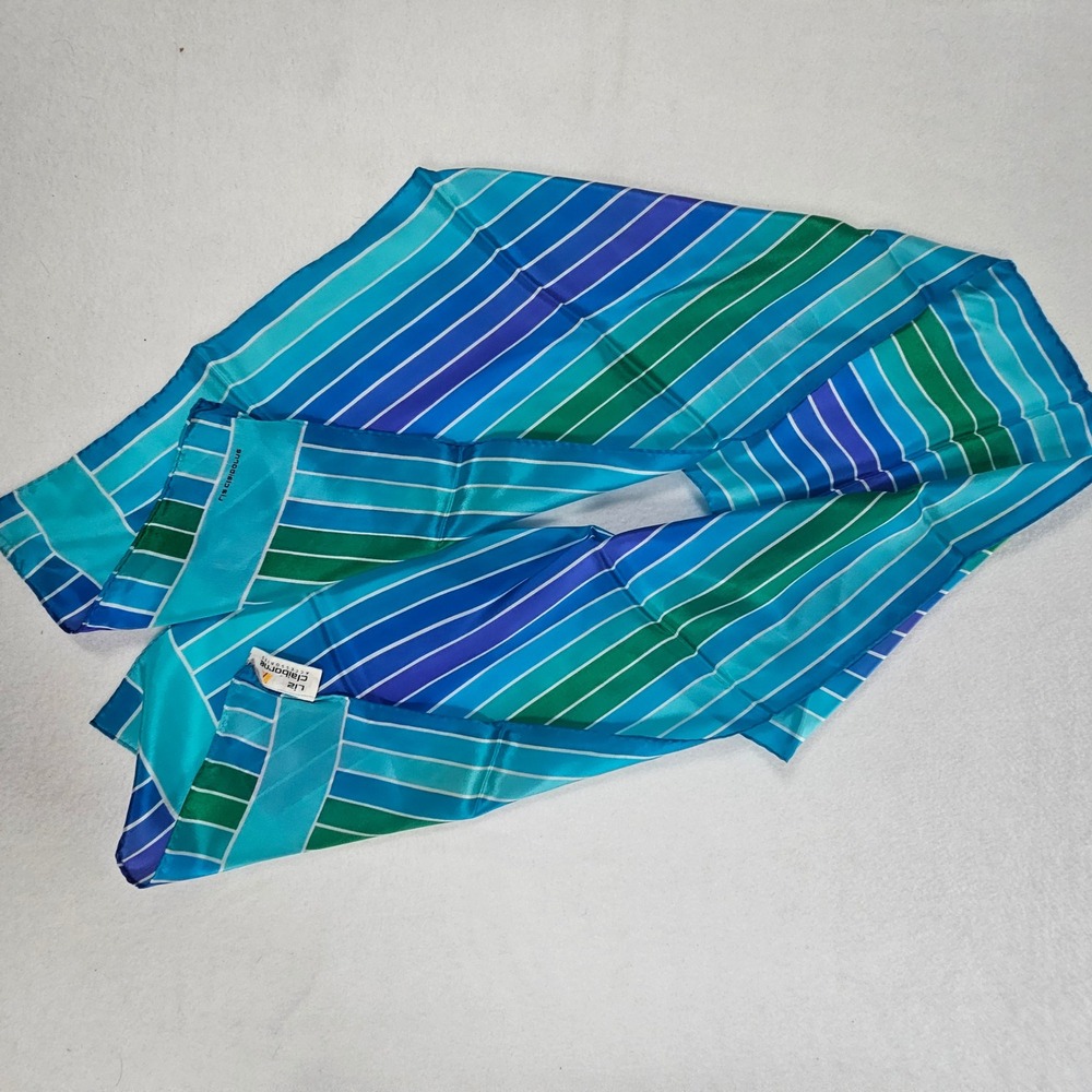 Liz Claiborne Vintage 100% Silk Scarf Blue Green Striped Neckerchief 54"x10